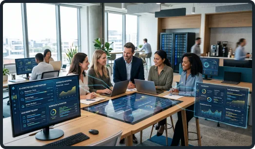 Small business team reviewing practical AI workflow opportunities
