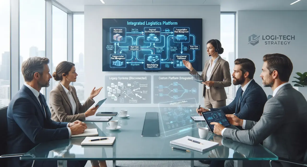 Logistics strategy team comparing disconnected legacy systems with an integrated custom platform