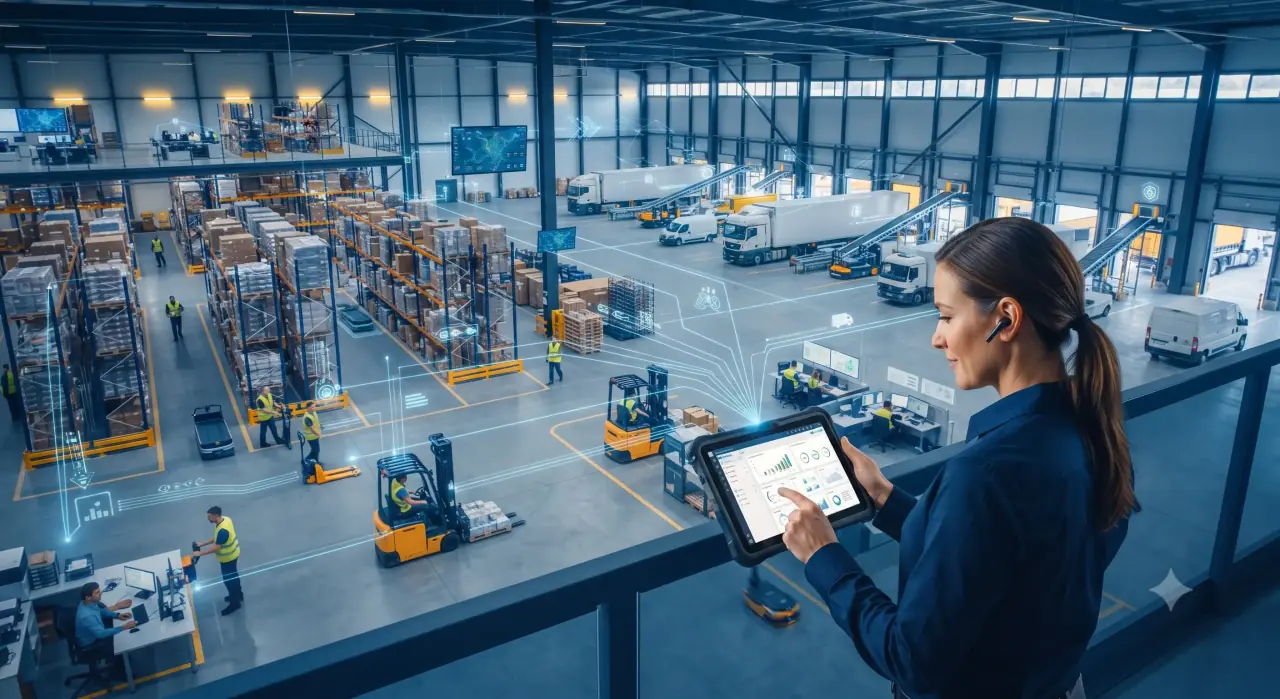 Warehouse operations team using real-time logistics visibility software on a tablet
