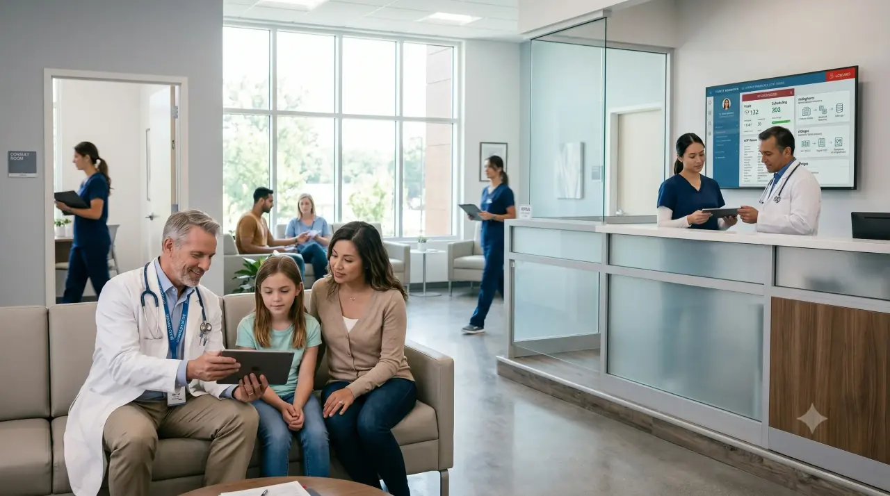 Doctor using connected healthcare records with a patient and family in a clinic