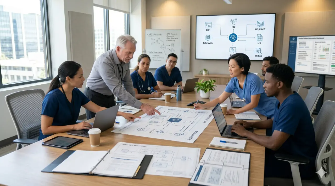 Healthcare team planning EHR, EMR, telehealth, imaging, lab, and billing integrations