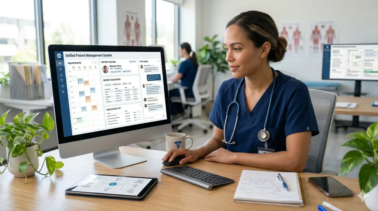 Clinician reviewing a unified patient management system with appointments, records, and messages