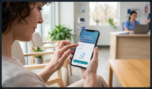 Patient completing a short healthcare app registration form in a clinic waiting area