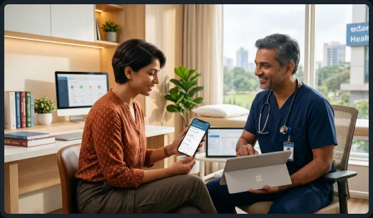 Clinician helping a patient use a trusted healthcare app during a consultation