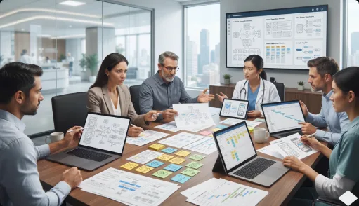 Healthcare and product team planning app scope and budget around workflow diagrams