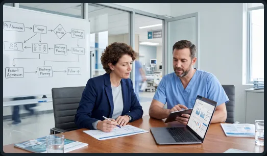 Clinician and planner reviewing healthcare workflow priorities before app development