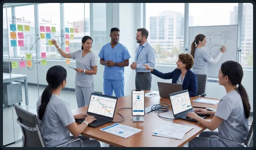 Healthcare team planning a phased app rollout with staged delivery boards and dashboards
