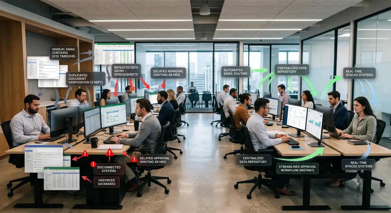 Business team reviewing operational costs and workflow delays