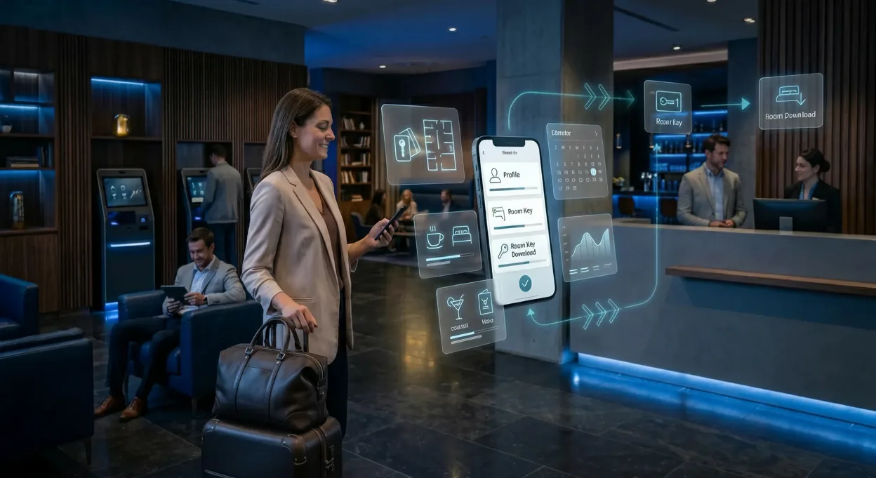 Hotel guest using a mobile app for profile, room key, and pre-arrival services in a hotel lobby