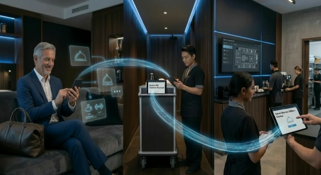 Hotel staff receiving structured guest service requests through connected workflow systems