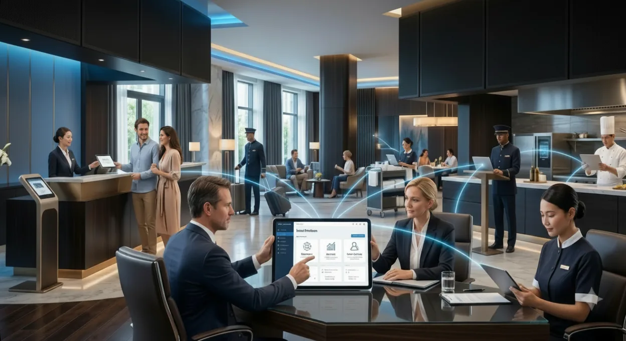 Hotel teams using connected PMS, guest service, and operations systems across a hospitality property