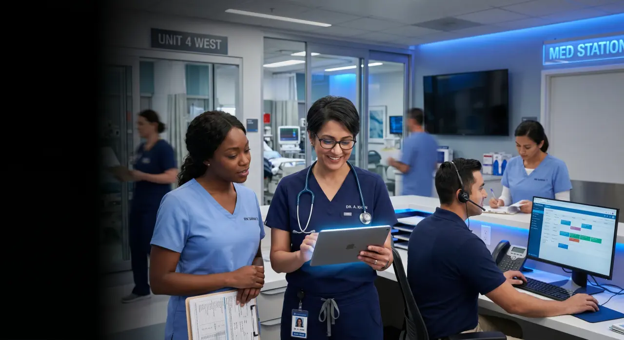 Clinicians using connected healthcare systems and a tablet in a medical unit