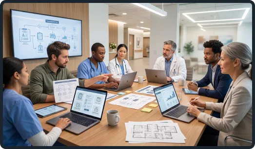 Healthcare team planning a patient portal rollout with workflow diagrams and dashboards
