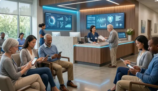 Patients using mobile healthcare portal access in a modern clinic waiting area