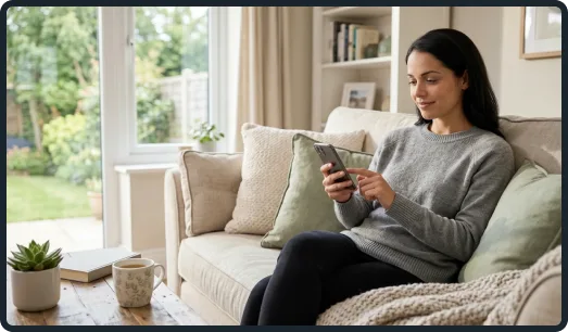 Patient using a mobile app at home to manage a healthcare journey
