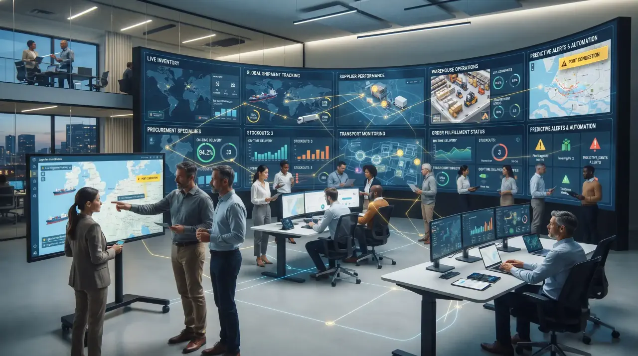 Supply chain command center showing predictive alerts, global shipment tracking, and supplier performance
