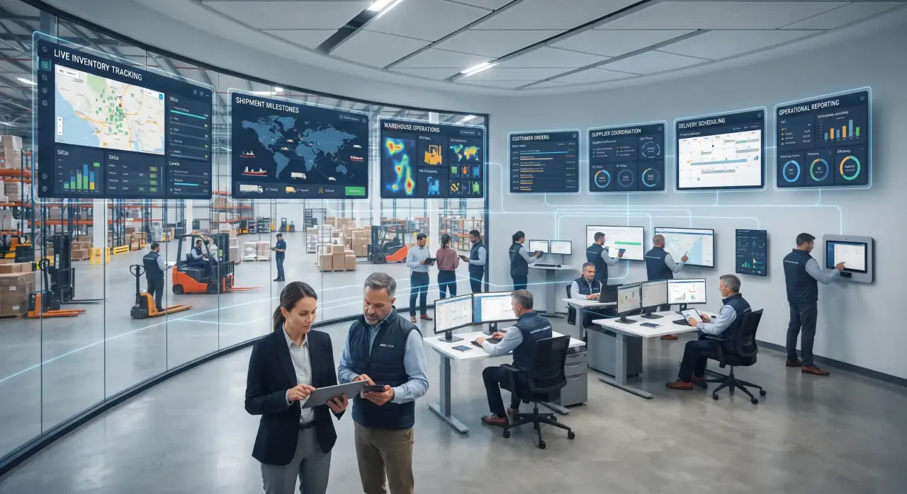 Warehouse operations team monitoring live inventory, shipments, and reporting dashboards