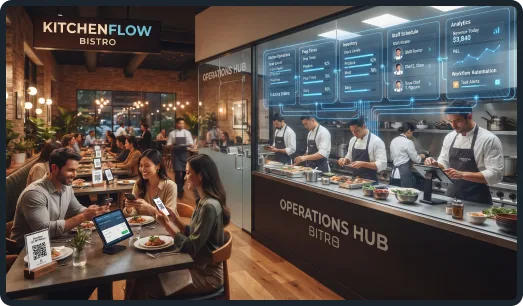 Restaurant customer-facing ordering connected with kitchen and operations hub dashboards