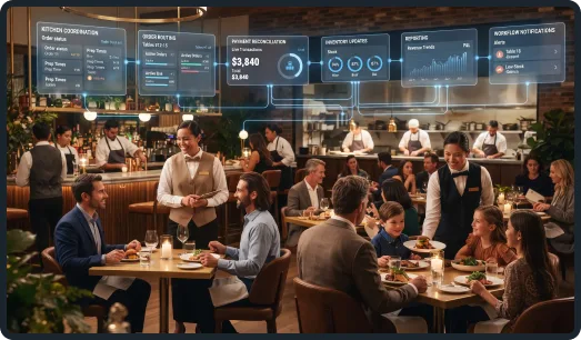 Restaurant hospitality team using automation dashboards while serving guests