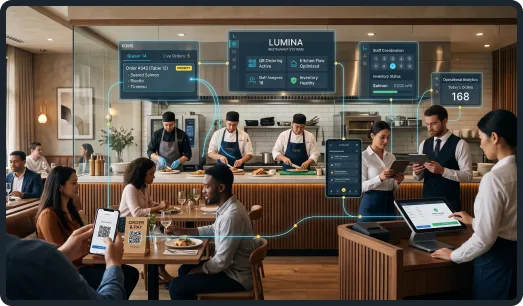 Restaurant QR ordering and payment workflow connected to kitchen operations
