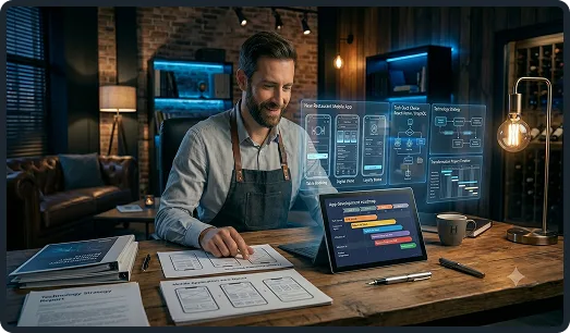 Restaurant owner planning app development costs with digital analytics dashboards