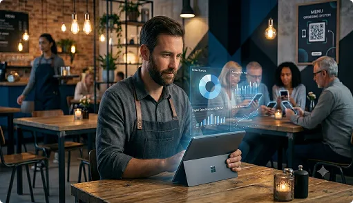 Restaurant customer using a phone ordering app beside a QR code menu