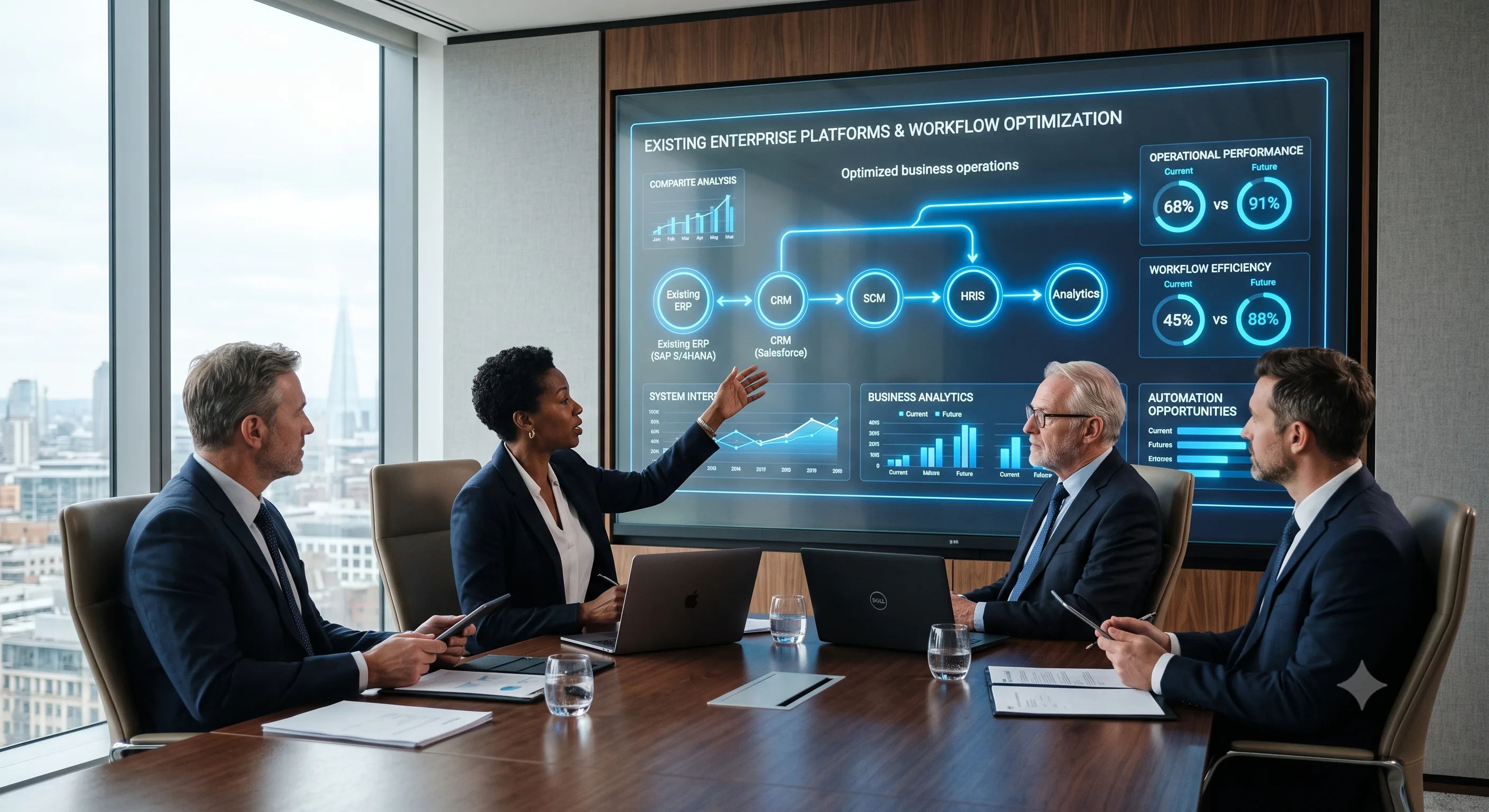 Business leaders reviewing technology spending and workflow optimisation dashboards