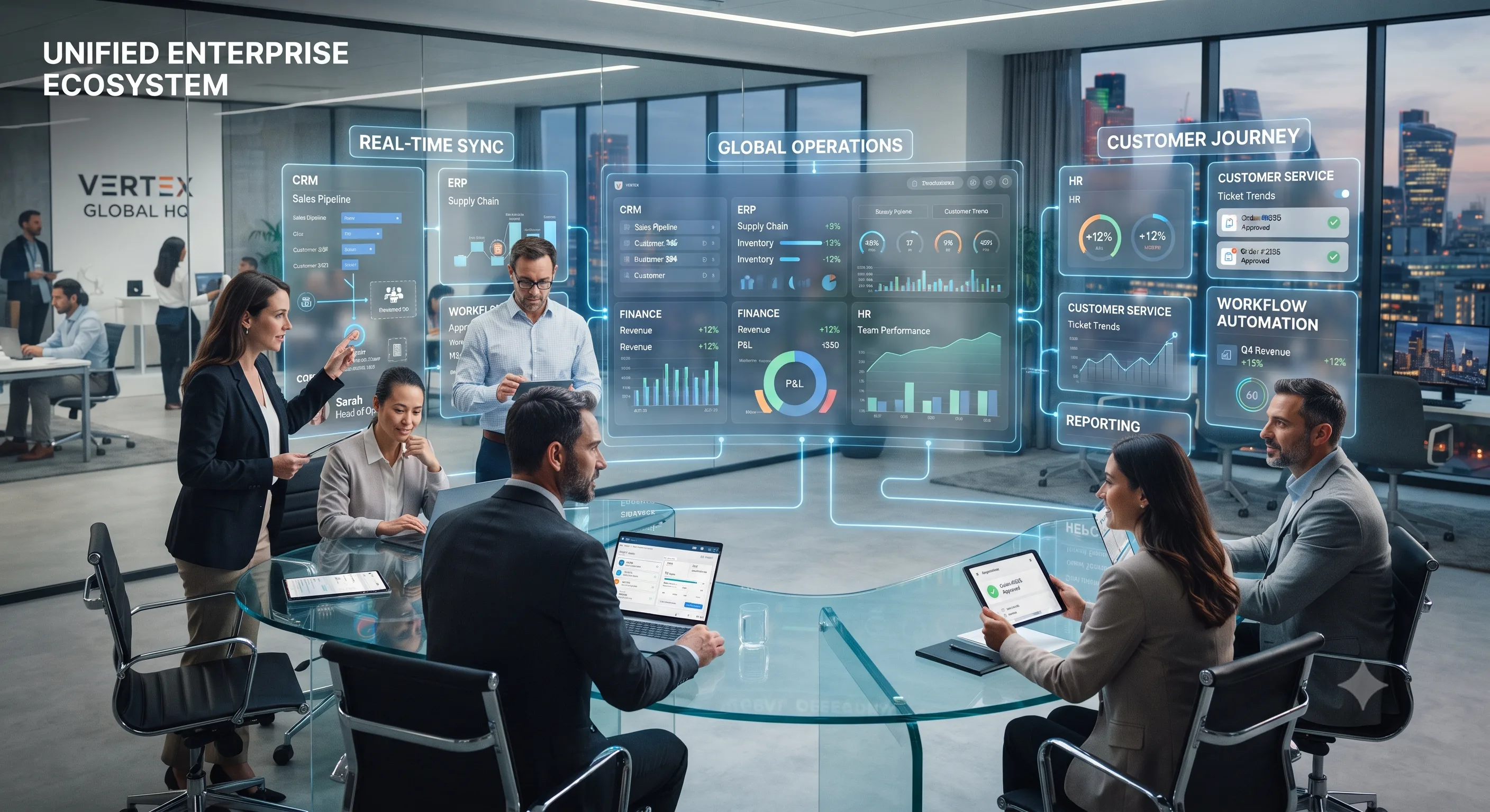 Connected business systems dashboard showing real-time operational data across departments