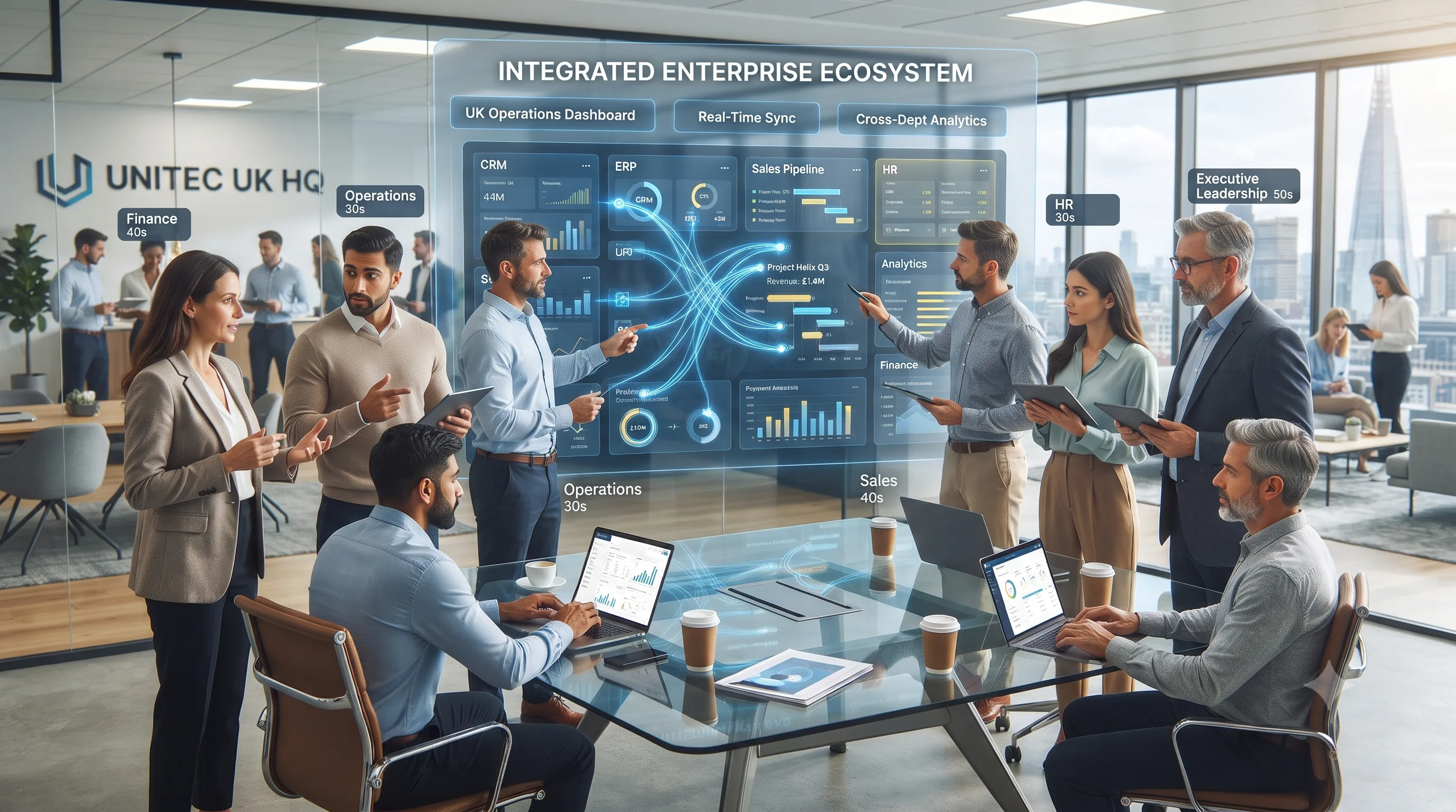 UK business team reviewing integrated enterprise software and operational dashboards