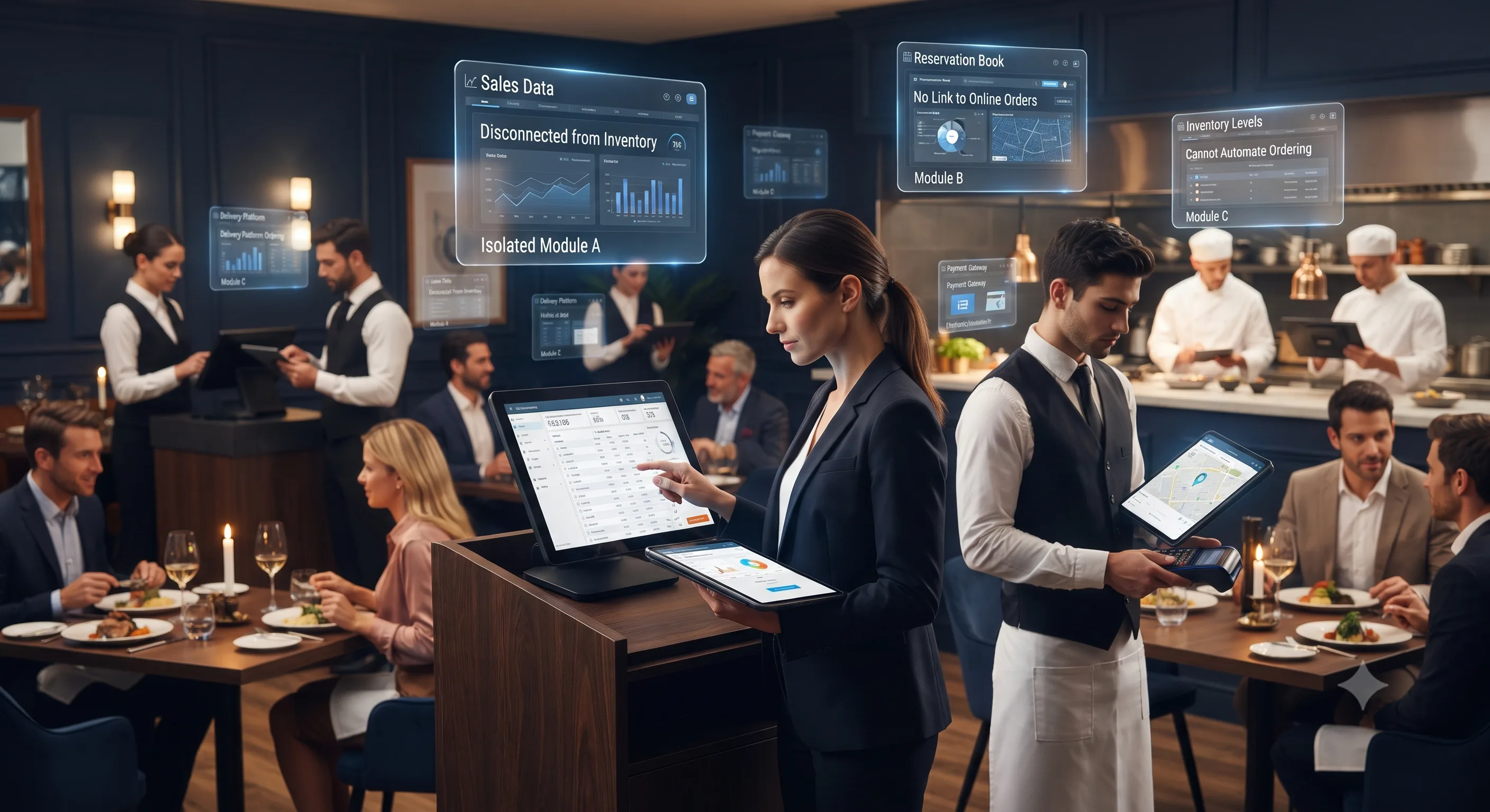 UK restaurant team using connected ordering and operations dashboards during service