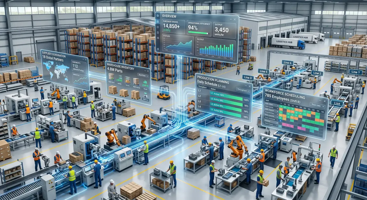 Factory floor with production and inventory dashboards for scaling operations
