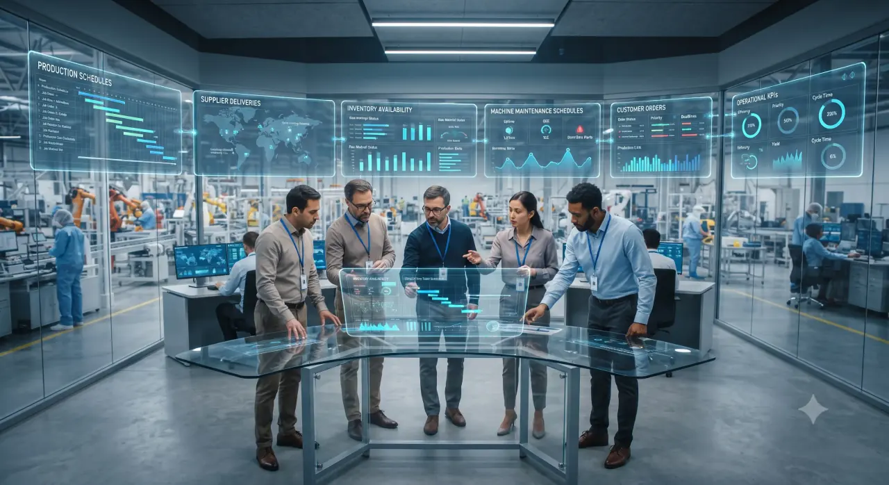Manufacturing planning team using production and supply chain dashboards