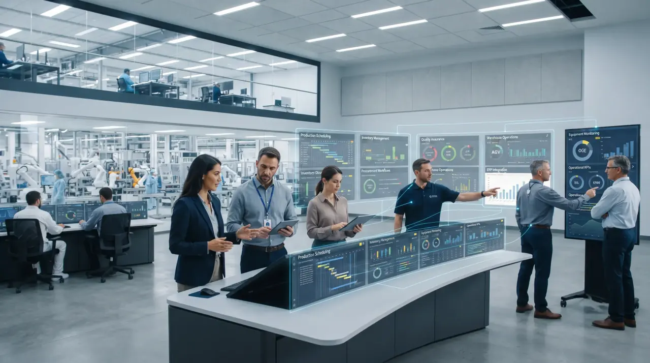 Manufacturing team reviewing operational dashboards as the business scales