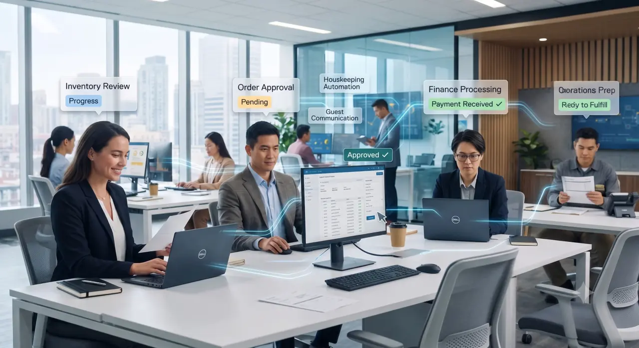 Business teams using automation to route approvals, inventory updates, and finance tasks