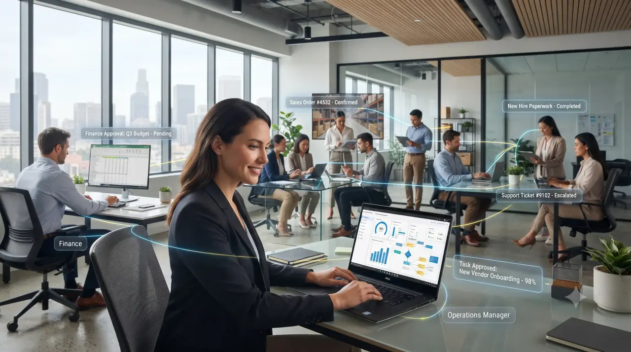 Business process automation dashboard connecting approvals, inventory updates, and reporting workflows