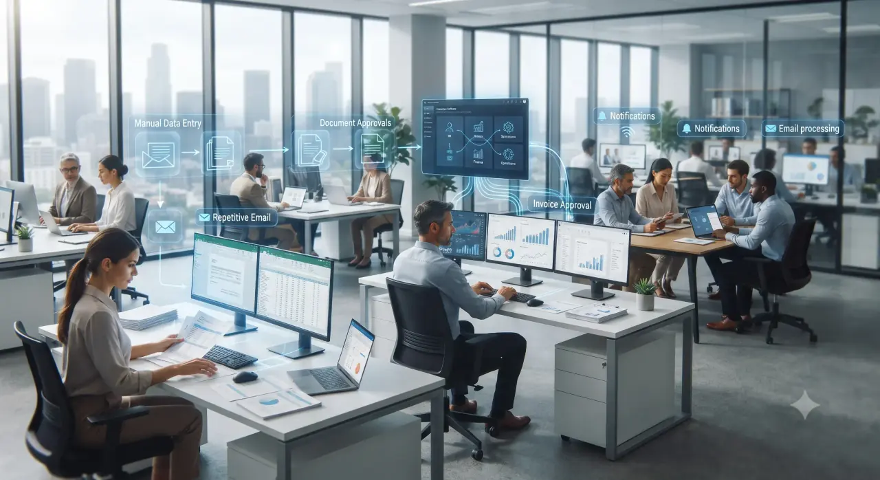 Office team reducing repetitive manual work with connected business software