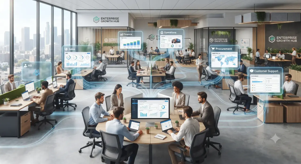 Business team using scalable operational software for connected growth