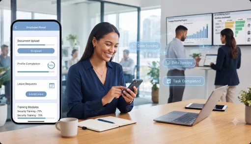 Employee using a self-service HR portal for documents, leave requests, and training tasks