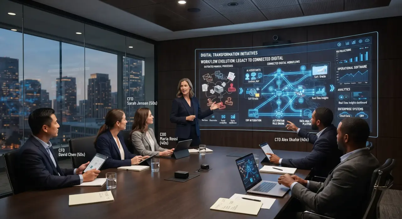 Business process orchestration dashboard connecting workflow automation, CRM, ERP, and operational analytics