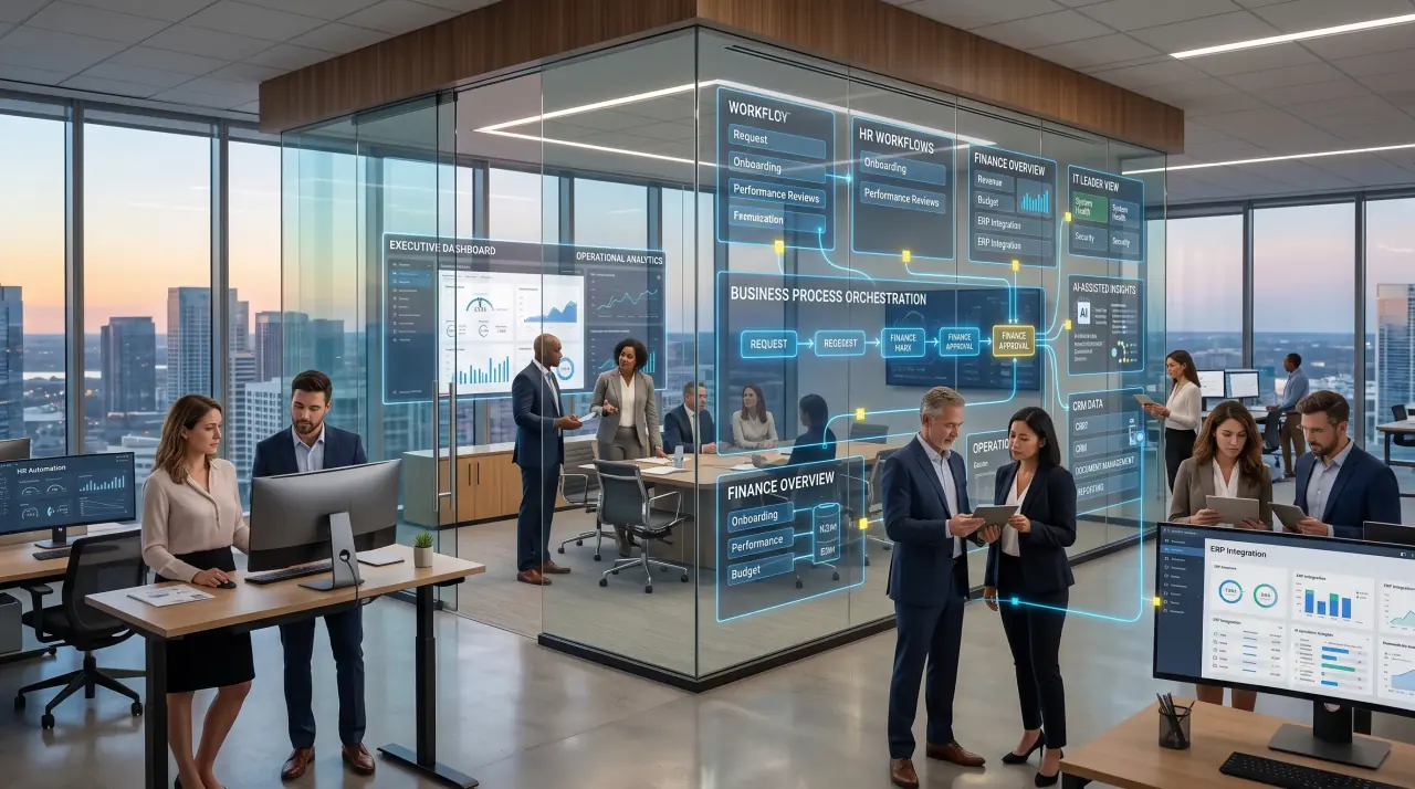 Business team reviewing workflow automation dashboards across finance, HR, CRM, and ERP systems