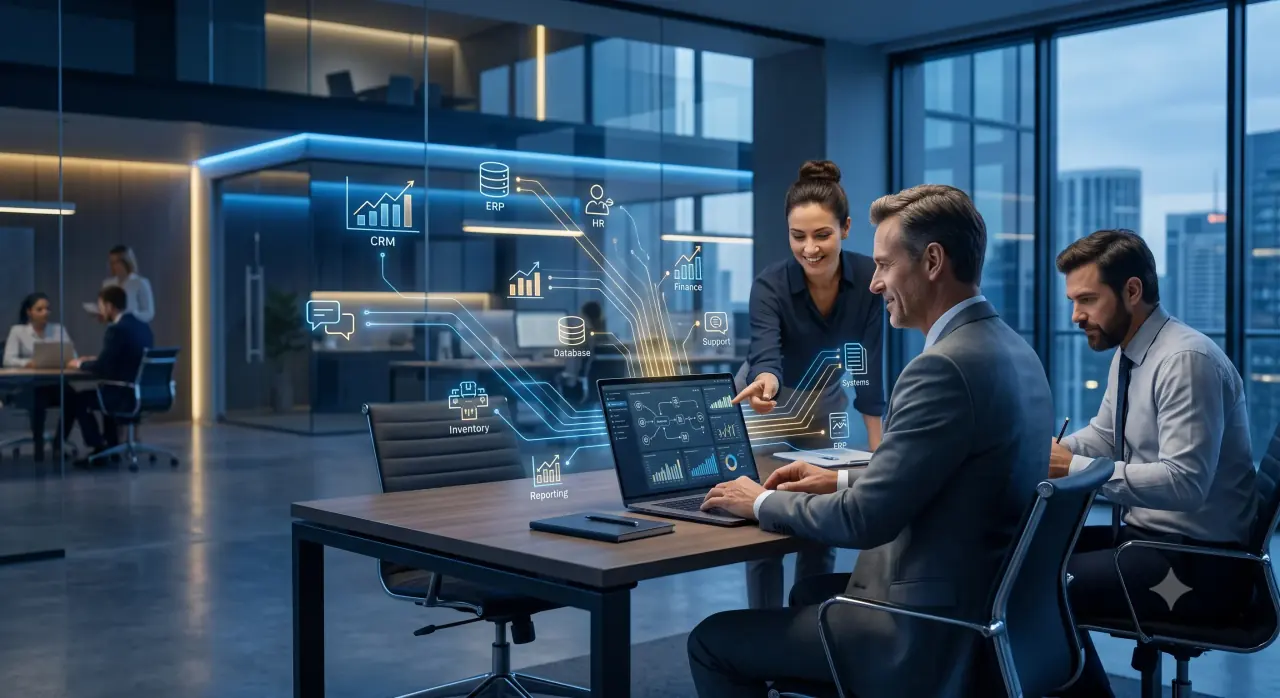 Team using connected automation dashboards for CRM, ERP, inventory, reporting, HR, and support workflows