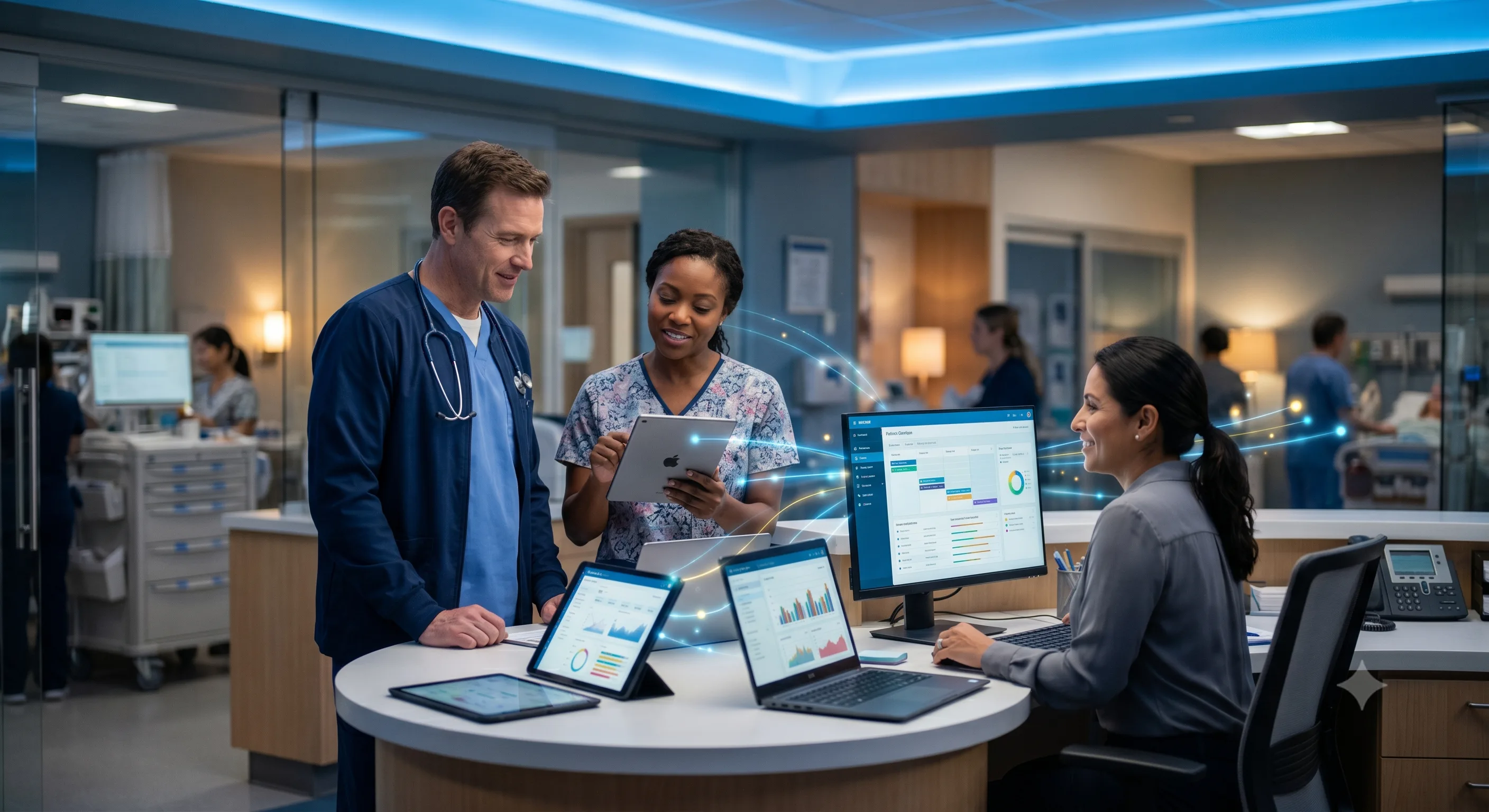 EHR & EMR Integration: Building Connected Healthcare Applications Healthcare team using connected EHR and EMR systems in a clinical setting