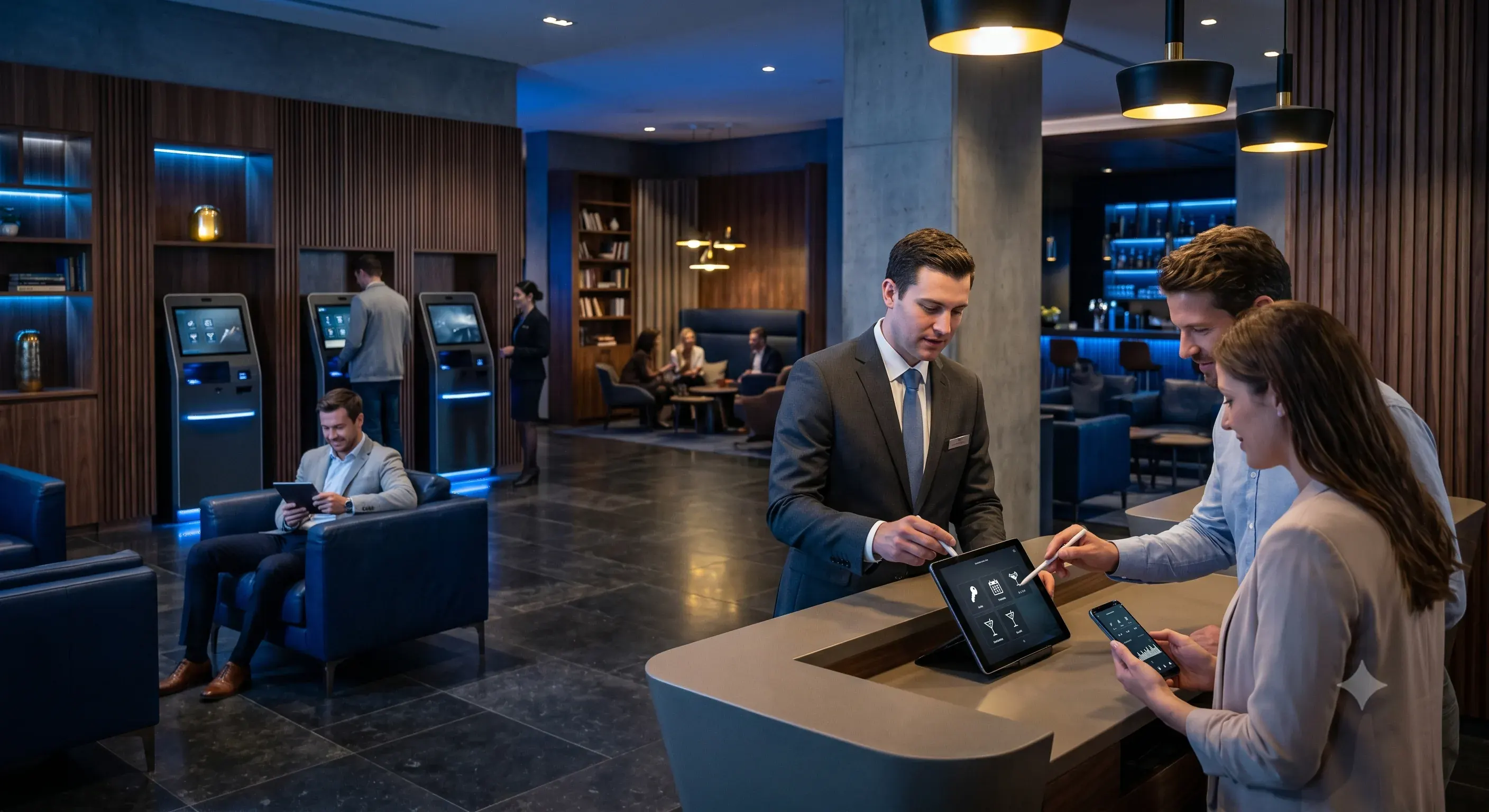 Hotel App Development: Building Better Guest Experiences Hotel guests using a mobile app for check-in and guest services in a modern lobby