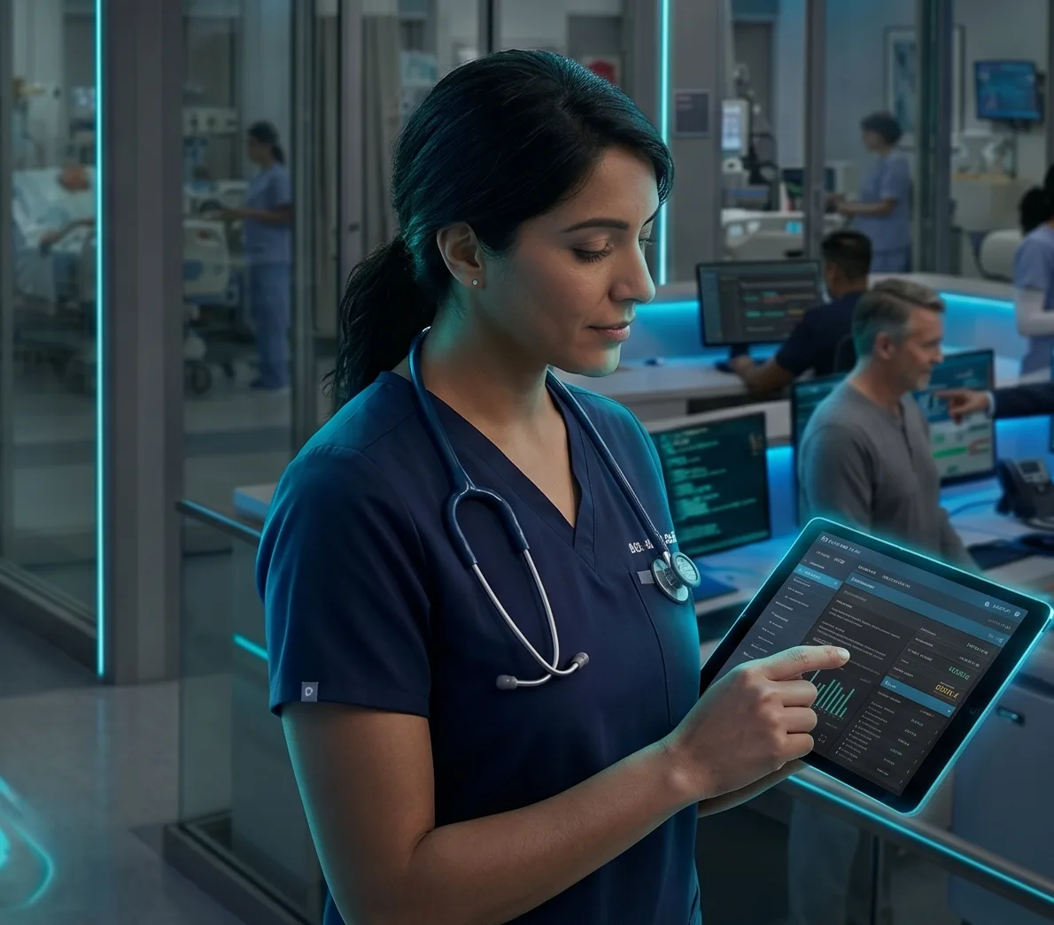 Medical Mobile App Development: What UK Healthcare Teams Should Plan Clinician using a tablet with medical app data in a connected healthcare unit