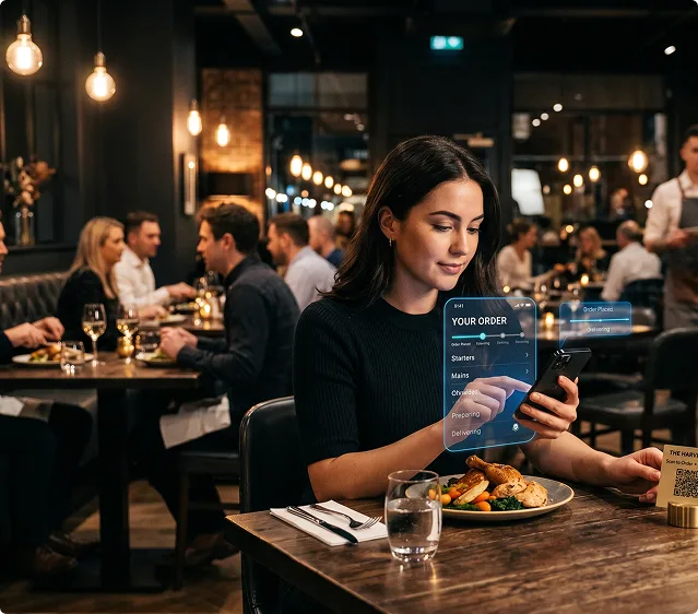 Restaurant Ordering App Development: What Every UK Restaurant Should Plan Restaurant customer using a mobile ordering app in a busy dining room