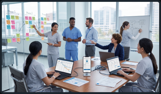 Healthcare team planning a phased app rollout with staged delivery boards and dashboards