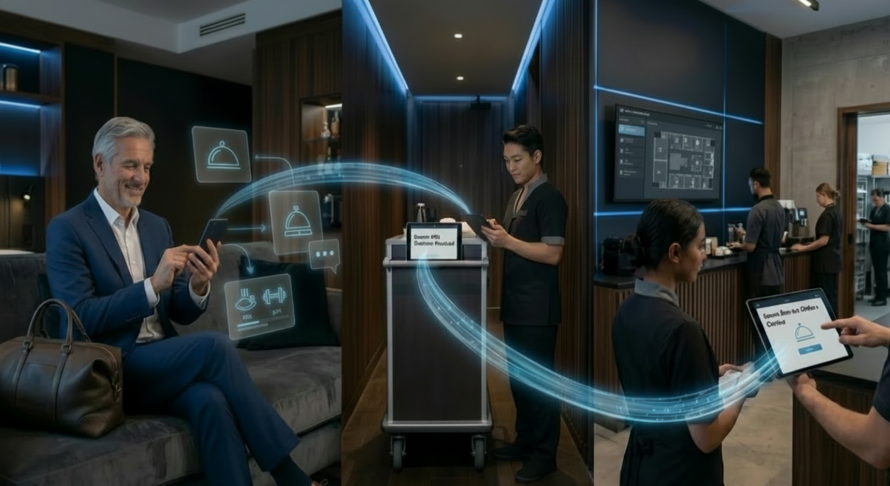 Hotel staff receiving structured guest service requests through connected workflow systems