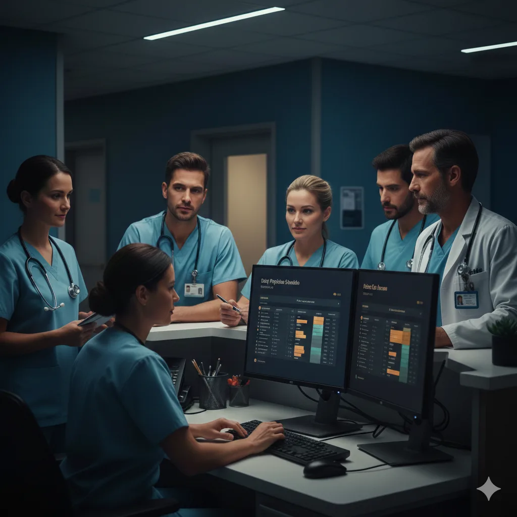 Healthcare operations illustration showing scheduling, patient communication, and process visibility