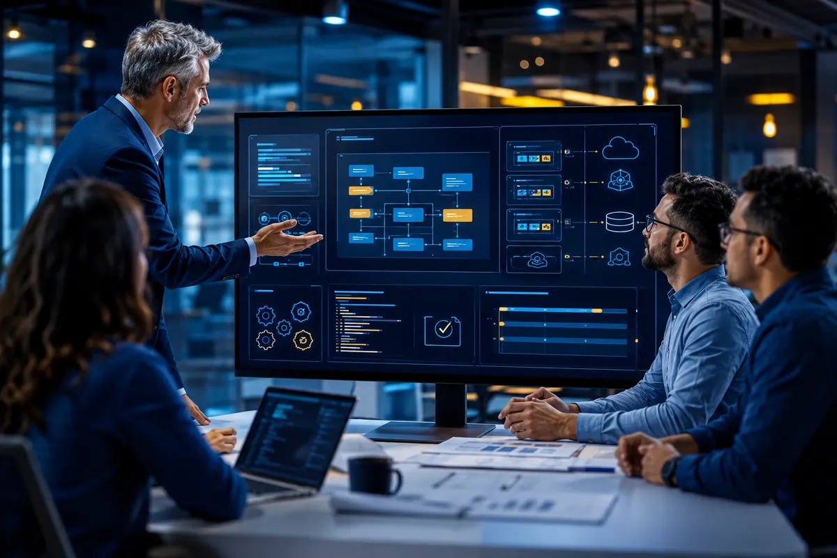 Custom Software Development Cost: What to Budget in 2026 Business team planning custom software scope and architecture on a workflow screen