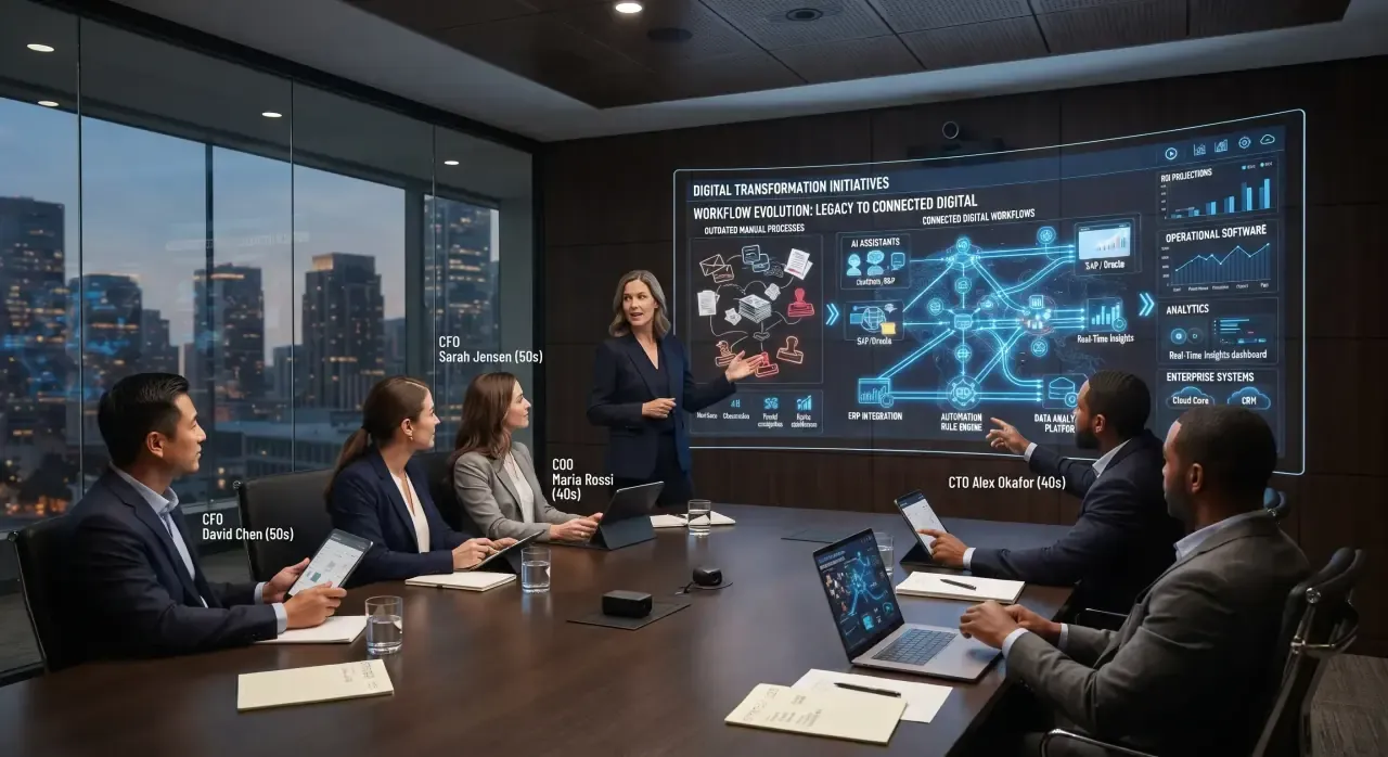 Business process orchestration dashboard connecting workflow automation, CRM, ERP, and operational analytics